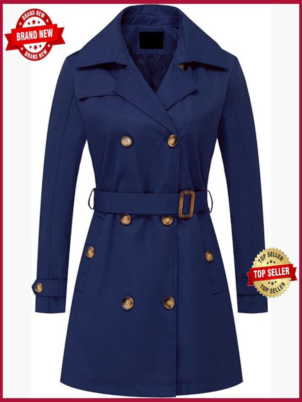 Double Breasted Trench Coat Mid-Length Belted Overcoat Detachable Hood Long